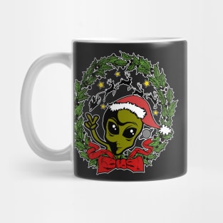 Alien UFO Santa Hat Christmas Holly Wreath Mug